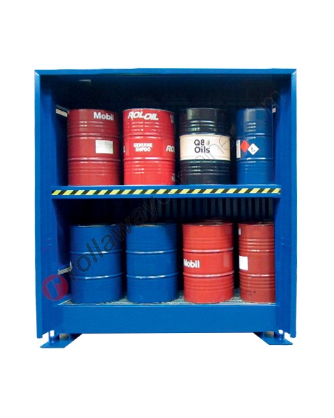Container di stoccaggio in acciaio 3120 x 1450 mm con vasca di raccolta per fusti da 200 lt su grigliato