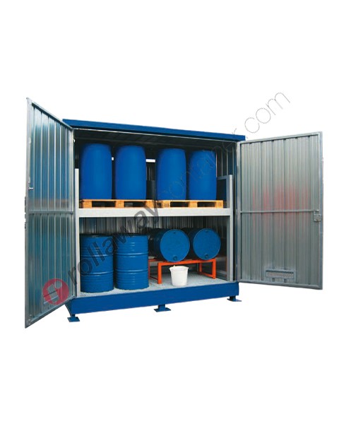 Modul container per fusti su scaffale in acciaio con vasca di raccolta e porte battenti