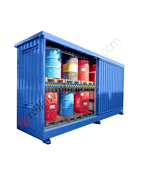 Modul container per fusti su scaffale in acciaio con vasca di raccolta e porte scorrevoli gruppo misure 1