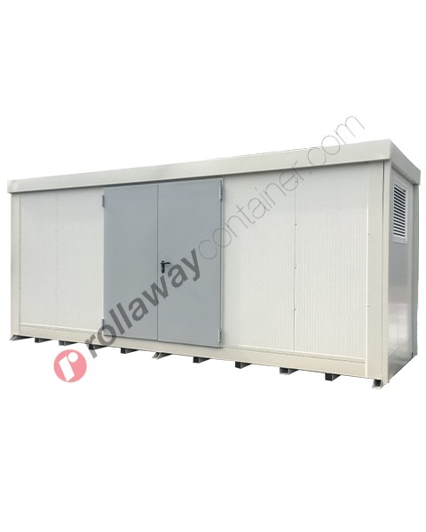 Modul container open space con pannelli certificati EI/REI120, vasca di raccolta e porte battenti