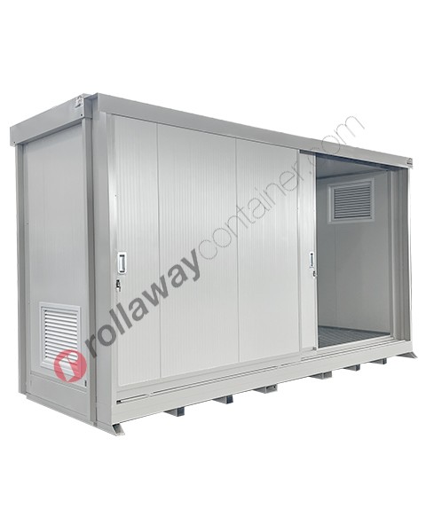 Modul container open space con pannelli certificati EI/REI120, vasca di raccolta e porte scorrevoli