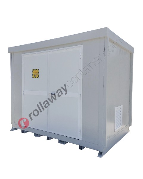 Modul container open space con pannelli coibentati in poliuretano, vasca di raccolta e porte battenti