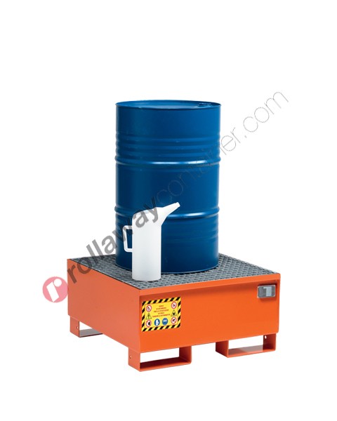 Vasca di contenimento liquidi da 210 litri in acciaio verniciata con griglia 860 x 860 x 430 mm per 1 fusto