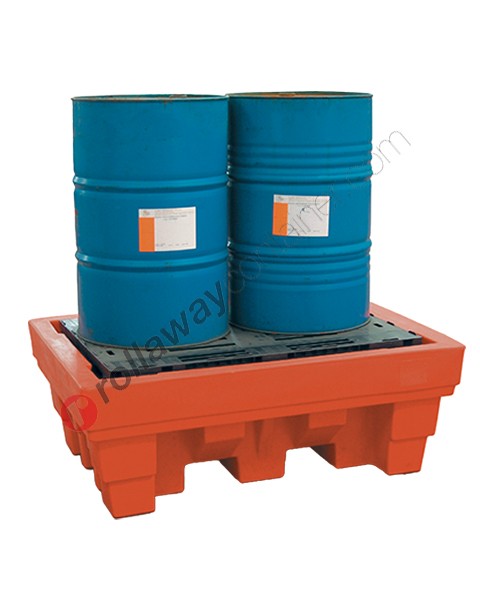 Vasca di contenimento liquidi da 370 litri in polietilene con griglia 1020 x 1420 x 520 mm per 2 fusti
