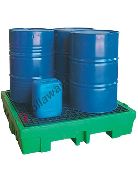 Vasca di contenimento liquidi da 260 litri in polietilene con griglia 1320 x 1320 x 270 mm per 4 fusti