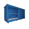Modul container per fusti su scaffale con pannelli certificati EI30/120, vasca di raccolta e porte scorrevoli