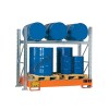 Scaffalatura metallica con vasca di contenimento per 3 fusti da 200 lt in orizzontale e 3 fusti da 200 lt in verticale