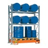 Scaffalatura metallica con vasca di contenimento per 6 fusti da 200 lt in orizzontale e 3 fusti da 200 lt in verticale