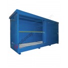 Modul container per fusti su scaffale con pannelli certificati EI30/120, vasca di raccolta e porte scorrevoli