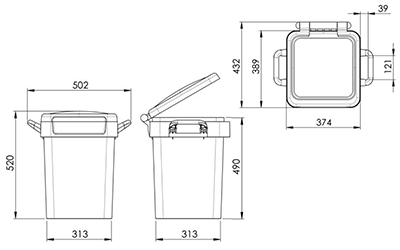 Dimensioni bidoni spazzatura differenziata da 50 litri con maniglie per svuotamento manuale