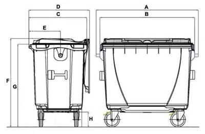 Misure cassonetti raccolta differenziata spazzatura, rifiuti e immondizia da 660 litri con 4 ruote