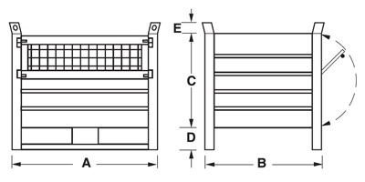 Dimensioni contenitore in lamiera con slitte lato lungo e porta in rete