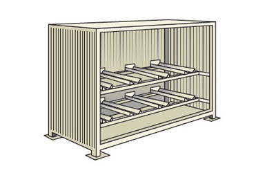 Container di stoccaggio in acciaio 3120 x 1450 mm con vasca di raccolta per fusti da 200 lt in orizzontale H 2600