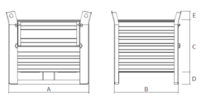 Dimensioni Contenitore in lamiera pesante con slitte lato lungo e porta lato lungo